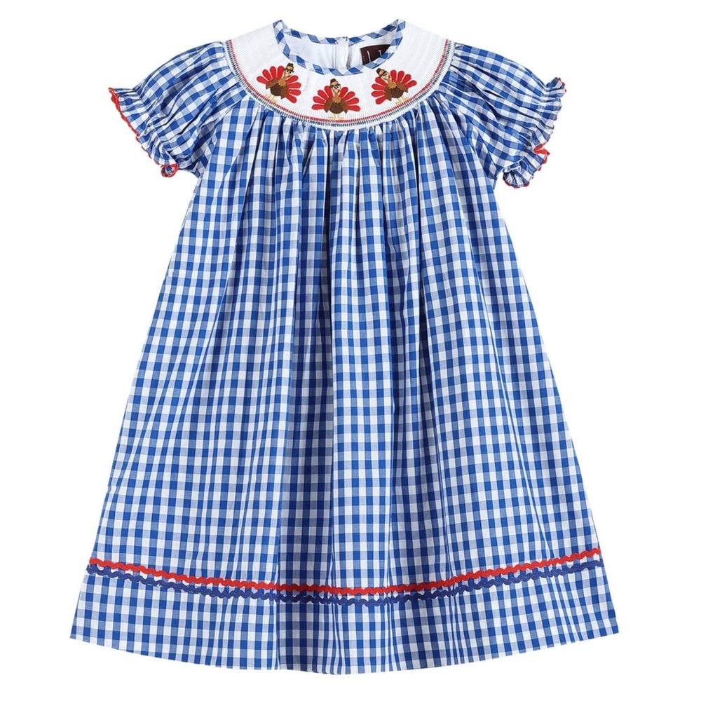 Lil Cactus | Girl Blue Check Turkey Smocked Dress | 4T